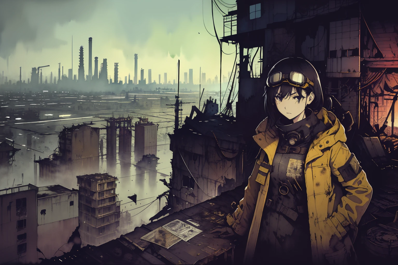 masterpiece, best quality, 1girl, (closeup), engineer, machinist, (yelow coat, goggles), ( serious, dirty face, dirty clothes, on the roof, cityscape, flooded, industrial ruins, warm, desolate, dark, watercolor, sketch