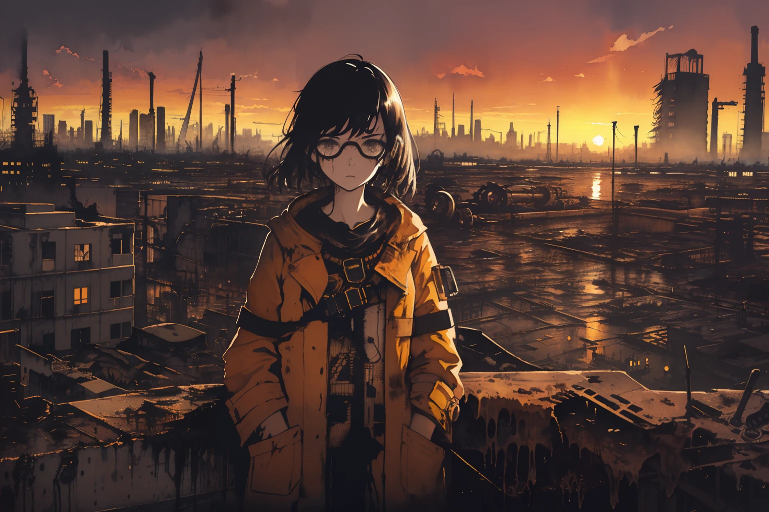 masterpiece, best quality, 1girl, (closeup face), engineer, machinist, (yelow coat, goggles), ( serious, dirty face, dirty clothes, on the roof, cityscape, flooded, industrial ruins, warm, desolate, dark, sunset, watercolor, sketch
