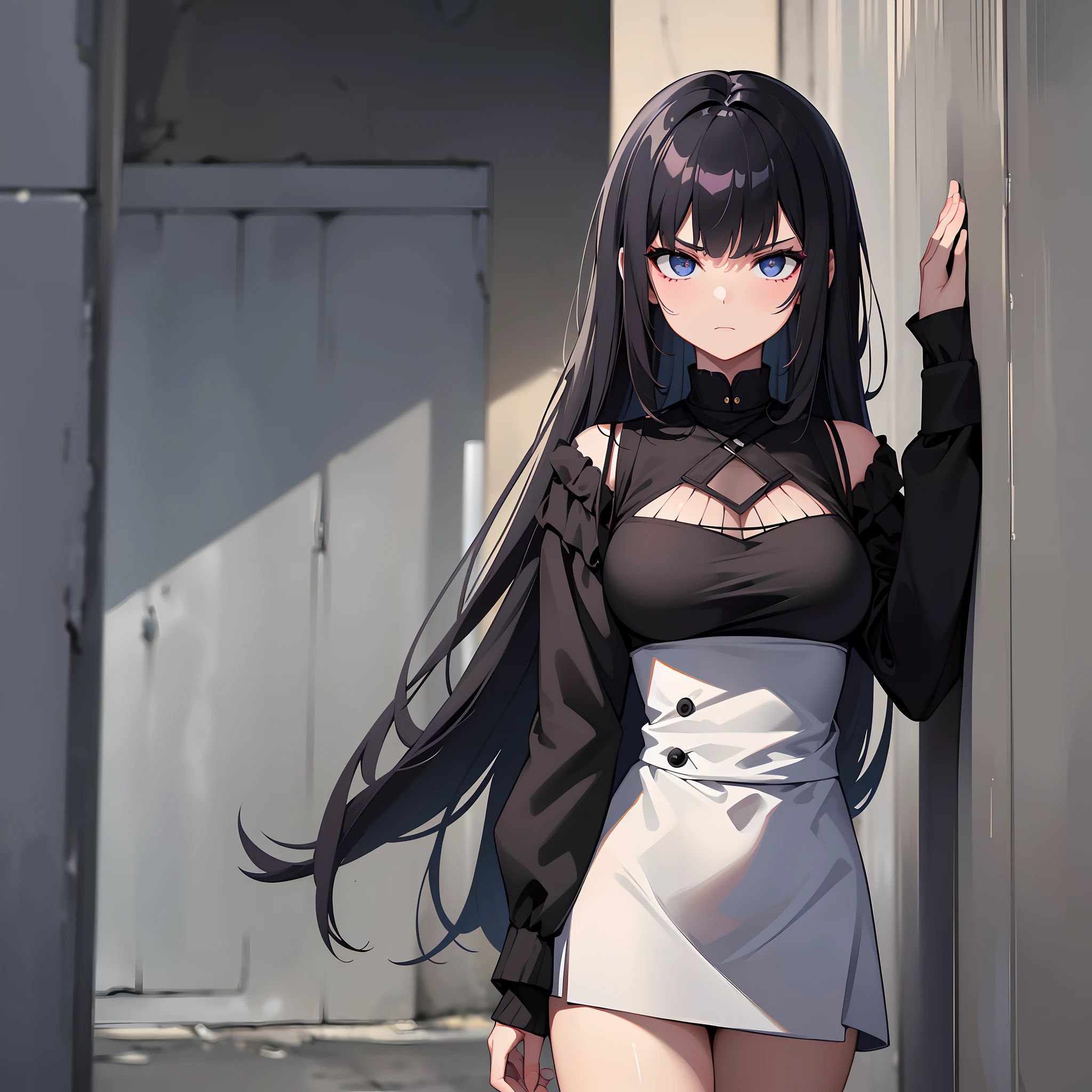 (masterpiece, highest quality, 8k, 16k, high quality, best quality:1.3, absurdres, highres), (masterpiece, best quality:1.2), solo, 1girl, A goth girl with long black hair stands in a dark alley, leaning against a wall, and stares angrily forward