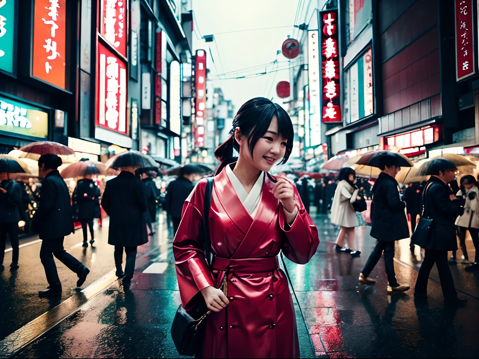 Highlight insanely beautiful Japanese woman, Tokyo crowd, light rain, early morning busy street scene, dynamic action poses, extremely happy festive moment, fashio photography, Holga photography, analog camera, lo-fi, detailed composition, cinematic lighting, cyclorama effect, fashion shoot.