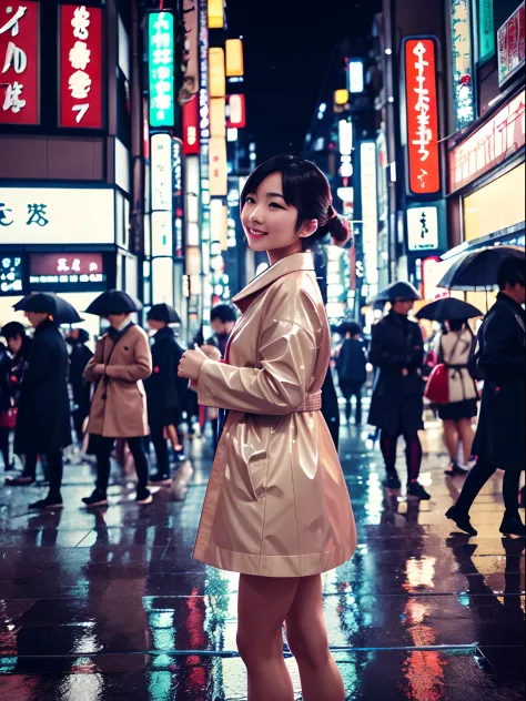 highlight insanely beautiful japanese woman, tokyo crowd, light rain, early morning busy street scene, dynamic action poses, ext...