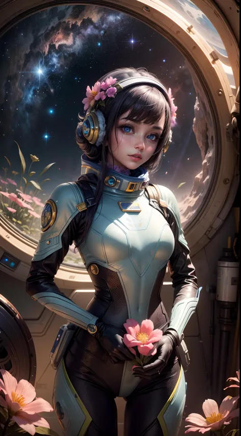 "A detailed painting of a alien girl dressed as a space ranger, exploring an extraterrestrial landscape adorned with vibrant, otherworldly flowers. Science fiction wonderland, imaginative, space adventure."