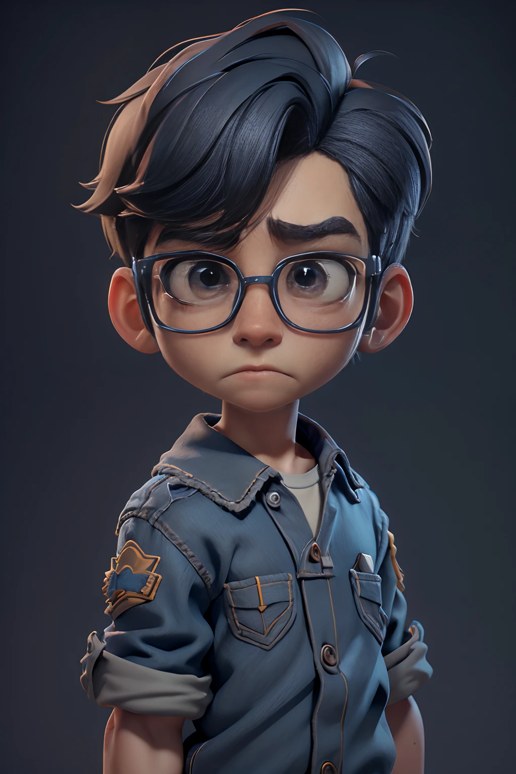 A 3D Pixar style Animation character development, featuring of a young boys nerd look, character spread sheet, blueprint, 3D realistic render, high resolution texture, dramatic lighting, expressive caricature, strong facial expression, dramatic intense perspective