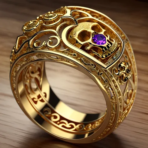 Masterpiece，highest  quality，(Nothing but the ring)，(No Man),Supreme Ring，Skull element carving，This is（Supreme Lord of the Rings：6.66），Made in gold，Meticulous workmanship，Honorable and gorgeous，The skull is set with blue gemstones，It shines with a noble g...