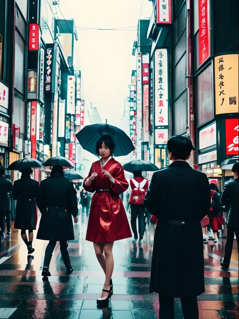 Highlight insanely beautiful Japanese woman, Tokyo crowd, light rain, early morning busy street scene, dynamic action poses, ext...