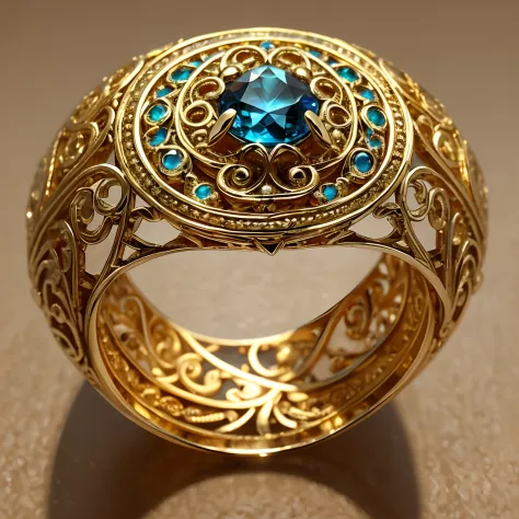 Masterpiece，highest  quality，(Nothing but the ring)，(No Man),Supreme Ring，（Peacock element carving），This is（Supreme Lord of the Rings：6.66），Made in gold，Meticulous workmanship，Honorable and gorgeous，Set with blue gemstones，It shines with a noble golden mag...