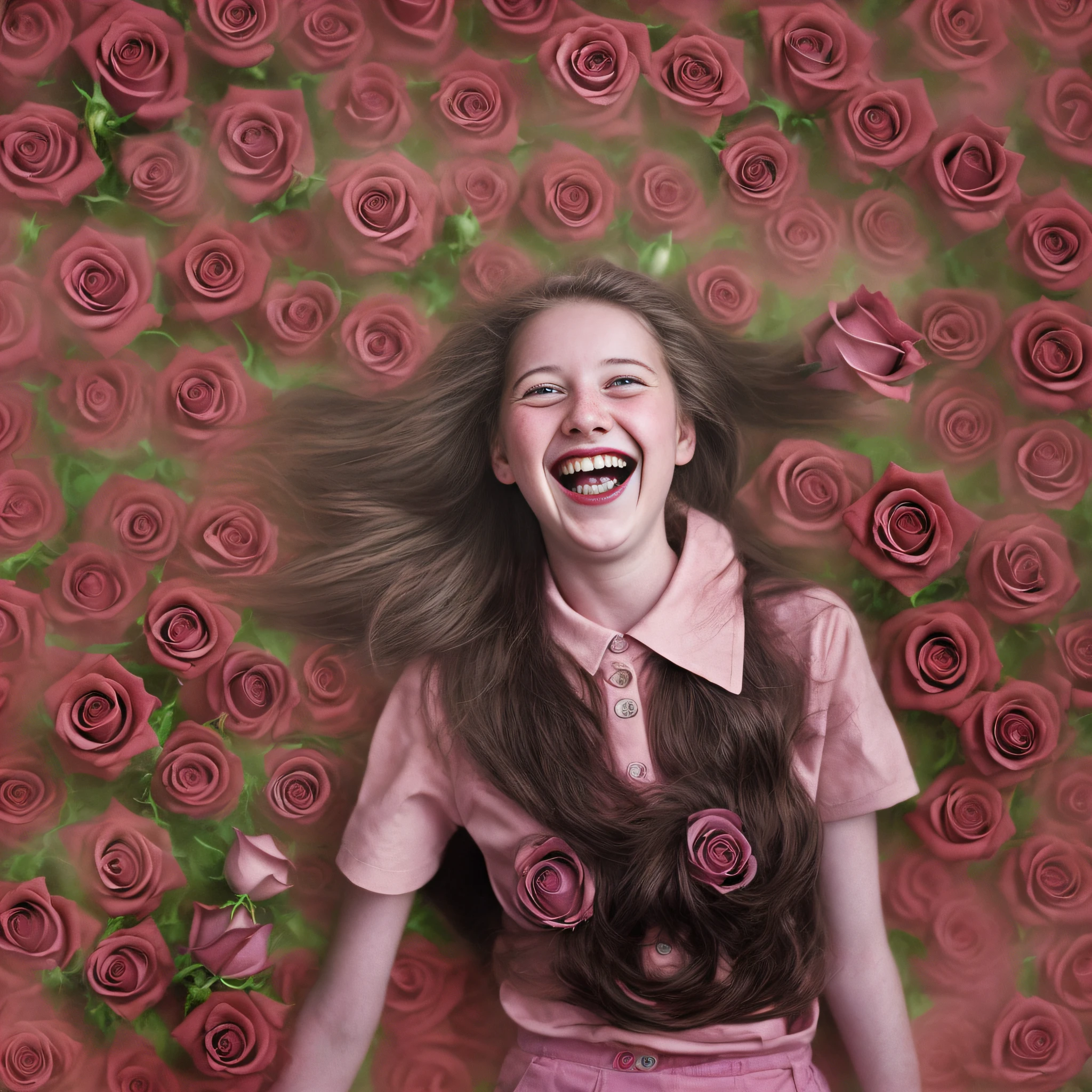 12세의 아름답고 웃는 괴짜 소녀의 고품질 사진을 Richard Kern이 찍은 다채로운 전문 걸작 사진. 미친, 초현실주의. 높은 디테일, 얼굴의 고품질 정교화. 많은 장미. 제작자 Joe McNally. 세계 상을 받은 최고의 사진. 라이카 m6, 체적 조명.
