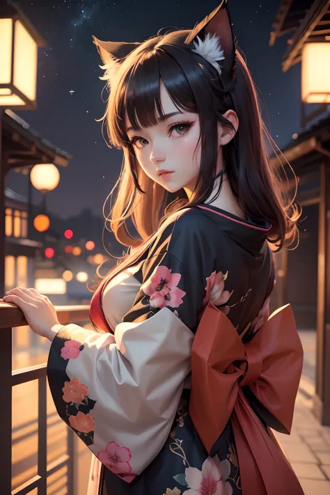 Anime cat ear girl in kimono clothes with cat ears, shoulder looking, anime drawing by Yang J, pixiv contest winner, serial art, digital anime illustration, kawashi, anime style illustration, anime style 4K, beautiful anime portrait, anime style portrait, ...
