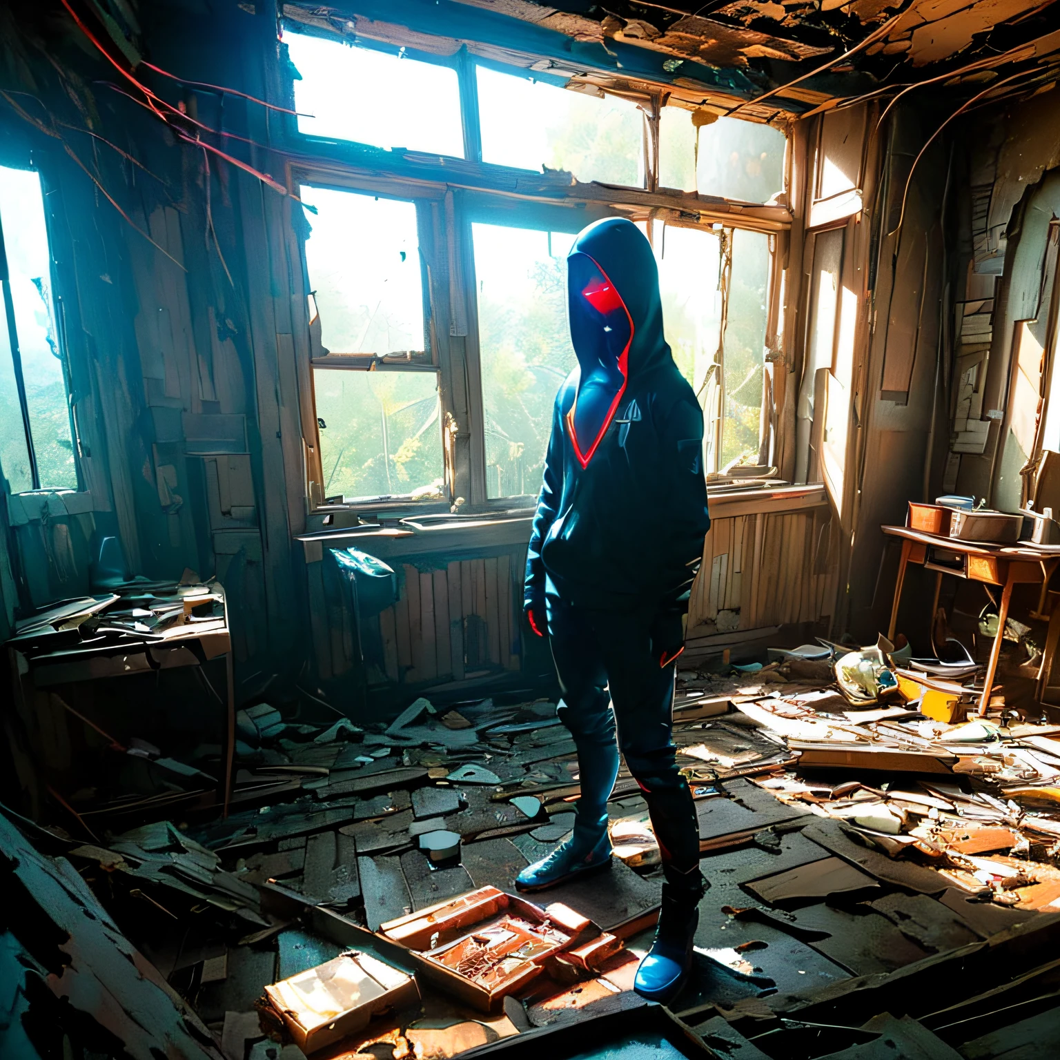 (((High quality))), (((Ultra-detailed))), ((full body Shot)), a red shinning robot, ((blue Glowing eyes)), ((looking distantly)), ((Light is illuminating the head)),, Inside an abandoned house, ((Sunlight shines through a broken window in the background)), (((psychedelic lights flit around the ruined abandoned room))),