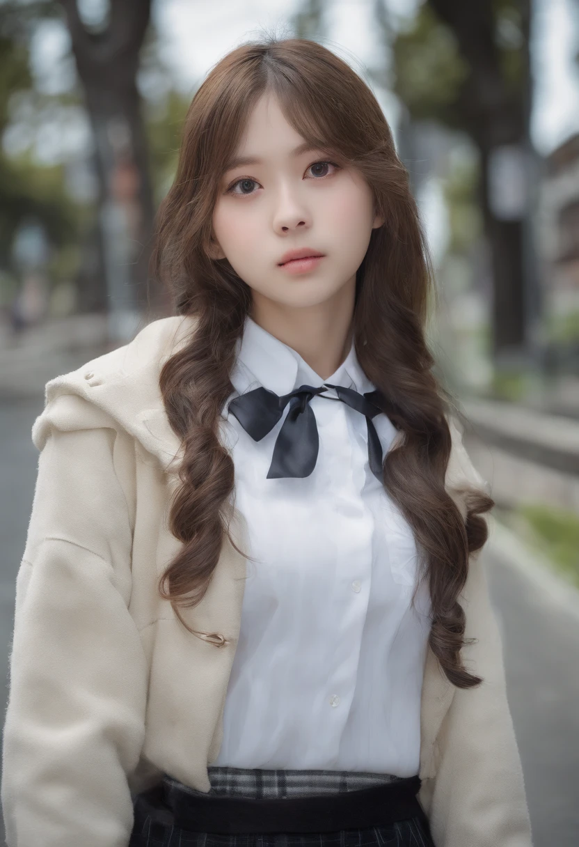 professional photo, hdr, dsrl, 4k, 1girl, beautiful korean girl, beauty face, age 17, slender body, long leg, pale skin, beauty body, long curvy hair, beauty eyes, walking with a cute white puppy, walking on Kyoto, no body on background, beauty face, beauty noose, beauty lips, beauty eyes, wearing a japanese high school uniform, no coat, no jacket, no vest