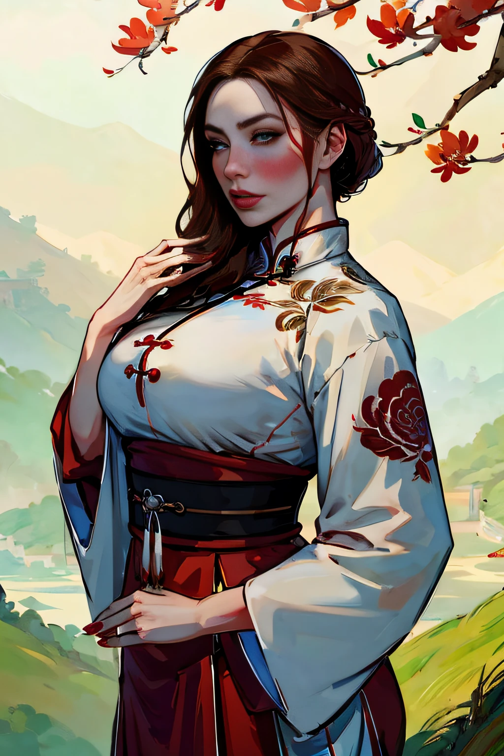 woman, anime, ((chinese)), beautiful, large breasts, red mascara, blue eye color, painted fingernails, pale skin, light brown hair, chignon, long hair, xanxia, xuxia, cultivator, grassy hills, laurel wreath, standing, ancient chinese clothing,