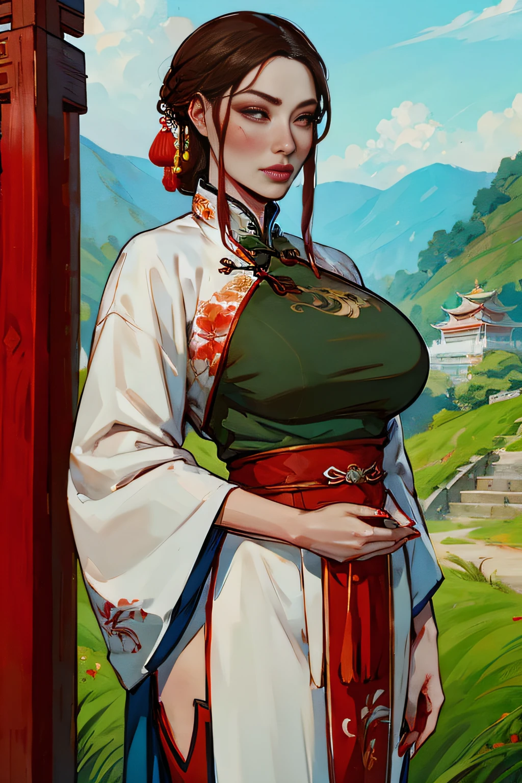 woman, anime, ((chinese)), beautiful, large breasts, red mascara, blue eye color, painted fingernails, pale skin, light brown hair, chignon, long hair, xanxia, xuxia, cultivator, grassy hills, laurel wreath, standing, ancient chinese clothing,