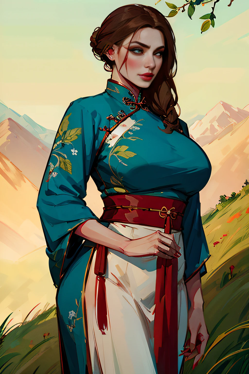 woman, anime, ((chinese)), beautiful, large breasts, red mascara, blue eye color, painted fingernails, pale skin, light brown hair, chignon, long hair, xanxia, xuxia, cultivator, grassy hills, laurel wreath, standing, ancient chinese clothing, hair decorations