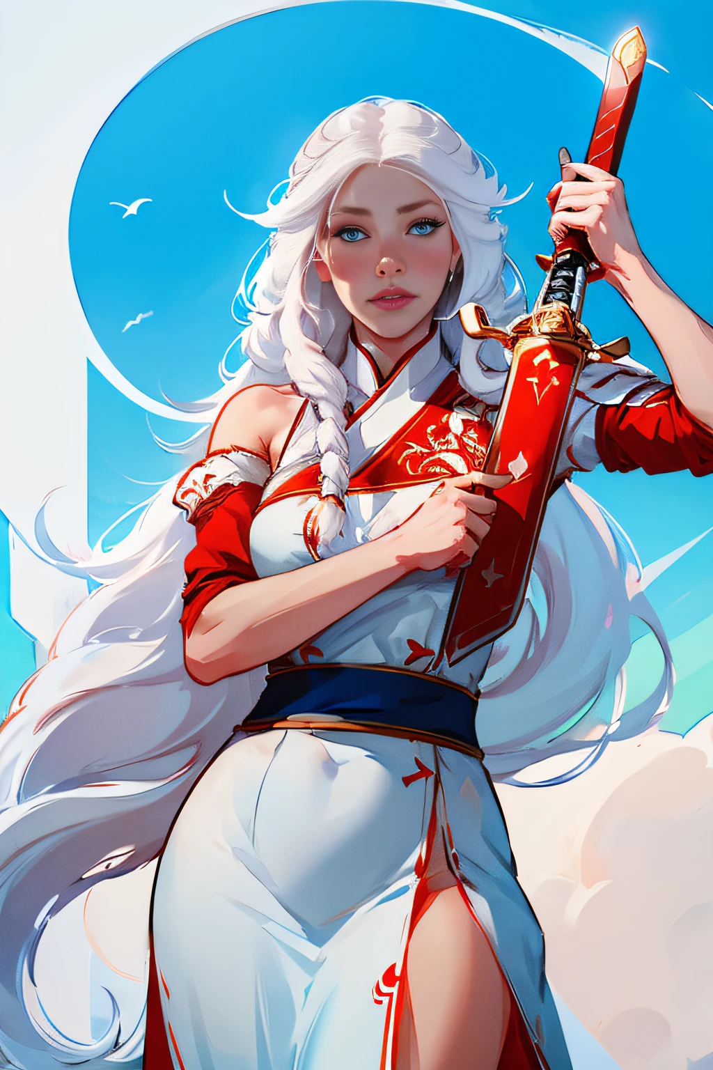 kiana，A girl with long white hair，8K，Delicate girl，Armed with a red giant sword，blue colored eyes，White clothes，Cute，Masterpiece，Gentle and sweet，flame，