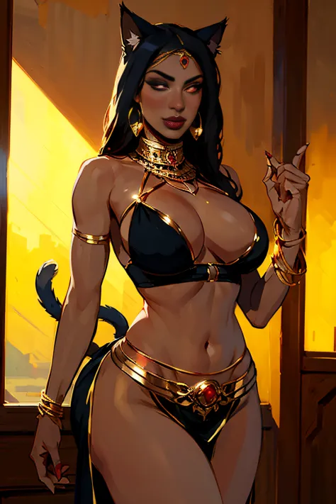 (girl with black cat ears), ((Masterpiece)), ((Dark skin)), ((African)), round face, catgirl, ((cat tail)), belly dancer, gold jewelry, belly dancer skirt, face veil, thick thighs, red eye color, hoop earrings gold bangles, large boobs, dancing, middle eas...