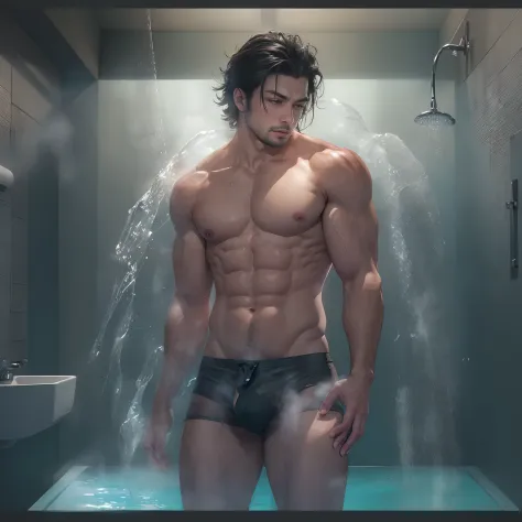impressive art a guy taking shower ((Best Quality, 8K, ultra-detailed, Masterpiece: 1.3)),touching chest shiny skin, sharp,very fascinating and fashionable,  Perfect Body Beauty, realistic shaded perfect body, (cute baby face:1.1),("fundoshi,big bulge ":1....