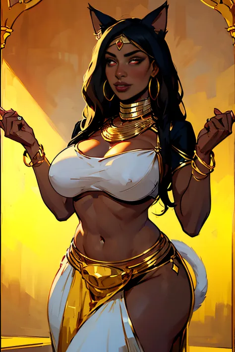 (girl with black cat ears), ((Masterpiece)), ((Dark skin)), ((African)), cute face, catgirl, ((cat tail)), belly dancer, gold jewelry, belly dancer skirt, face veil, thick thighs, red eye color, hoop earrings gold bangles, large boobs, wide hips, dancing, ...