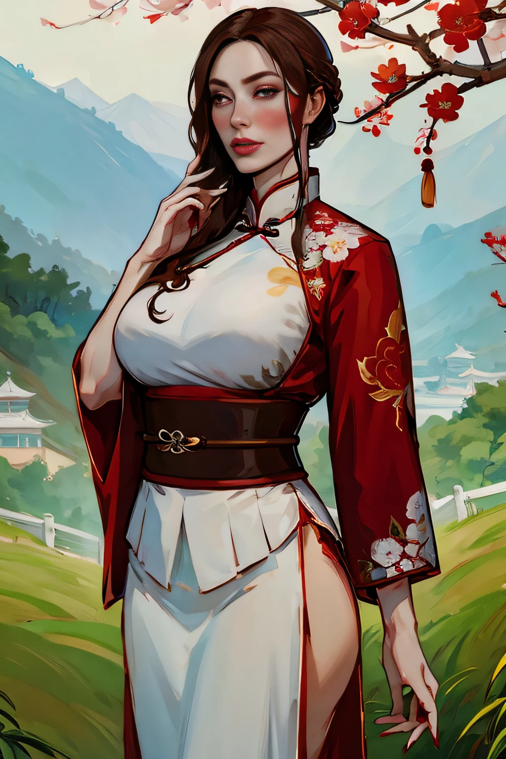 woman, anime, ((chinese)), beautiful, large breasts, red mascara, blue eye color, painted fingernails, pale skin, light brown hair, chignon, long hair, xanxia, xuxia, cultivator, grassy hills, laurel wreath, standing, ancient chinese clothing,