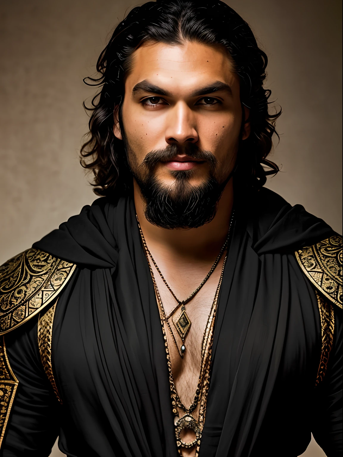 A close up of a insanely handsome attractive man with a thin beard and a black robe, a portrait by Roman Bezpalkiv, zbrush central contest winner, renaissance, heavenly handsome prince of persia, jason momoa as assyrian, handsome male, his head and neck covered in jewels, as a medieval fantasy character, arabian samurai, handsome man, portrait of bedouin d&d