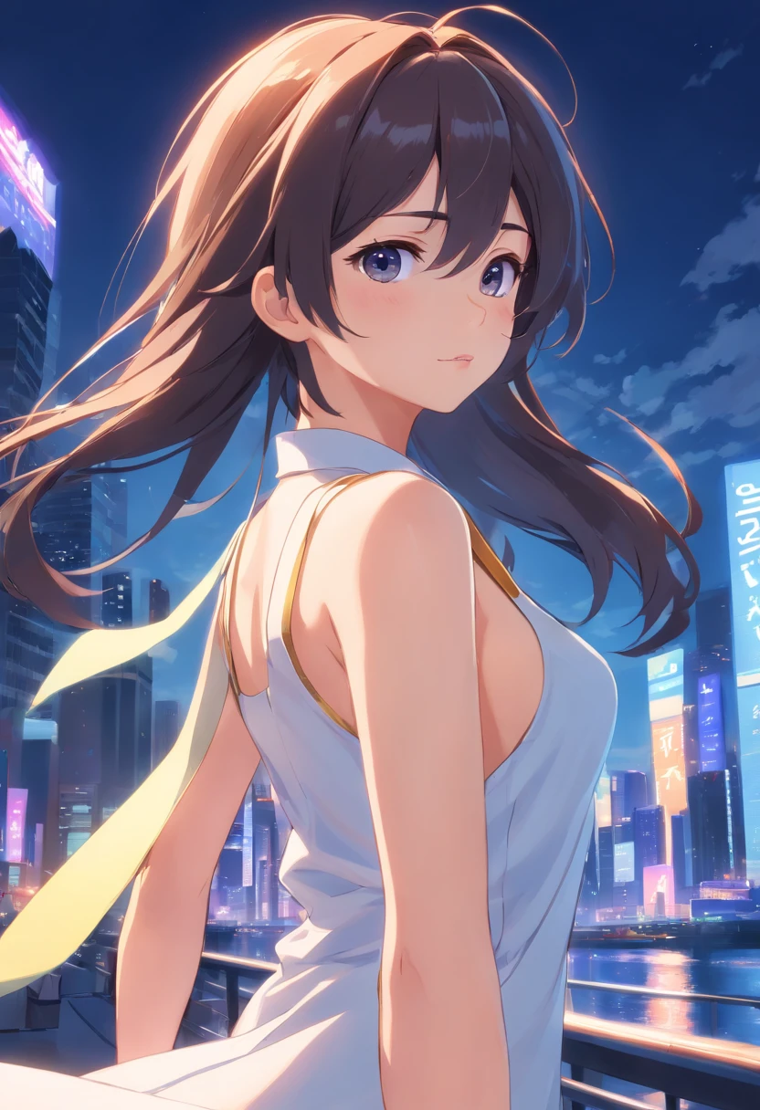 A woman in a white dress standing in front of a city at night - SeaArt AI