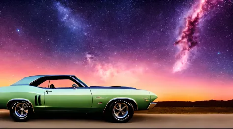 scenic view, Classic muscle car, galaxy background, galaxy sky