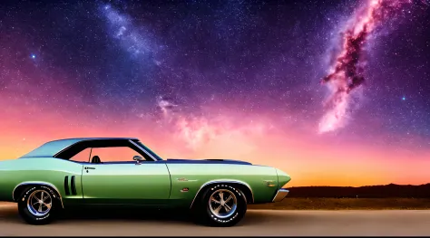 scenic view, classic muscle car, galaxy background, galaxy sky