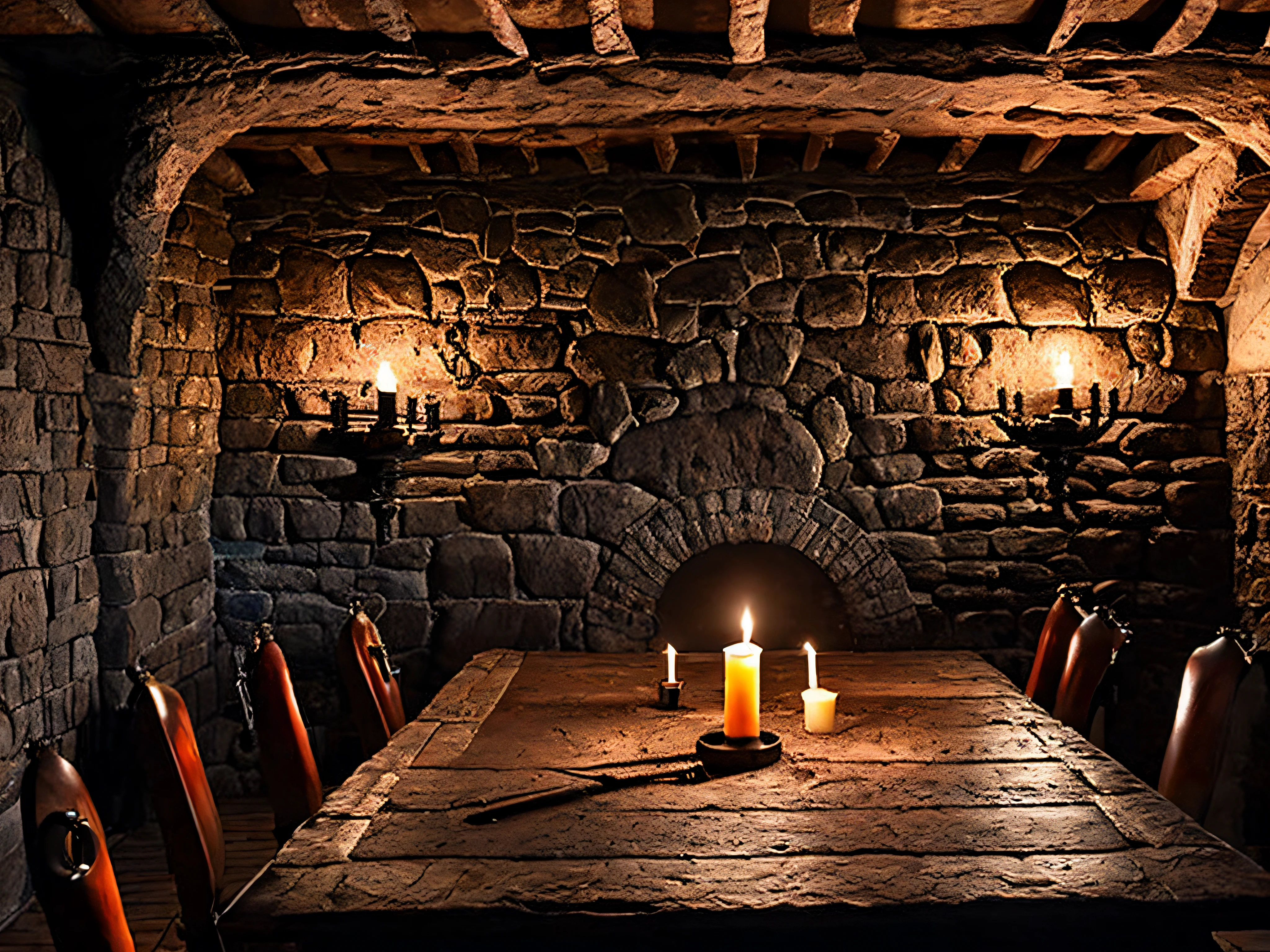 There is a table with candles on it in a stone walled room - SeaArt AI