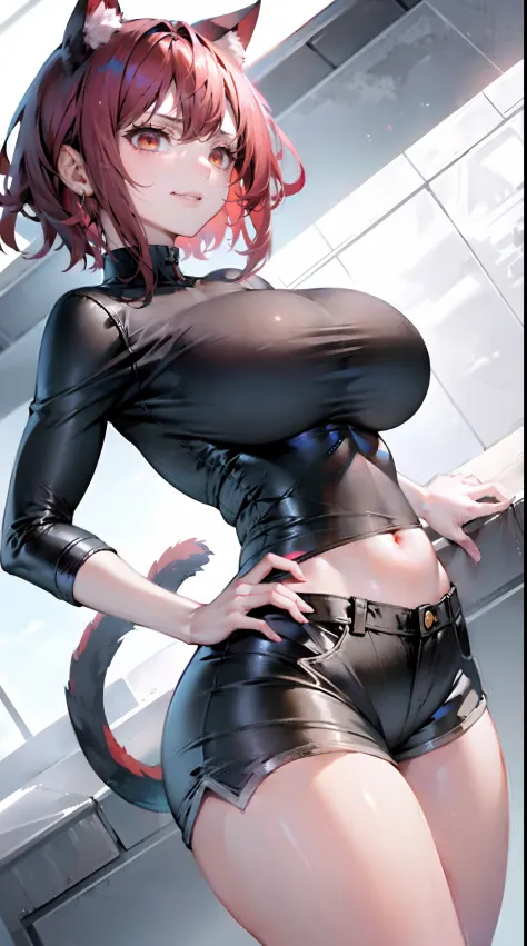 cat girl, smug girl,  short red hair, red eyes, tight shorts, thick thighs, muscle mommy, low angle