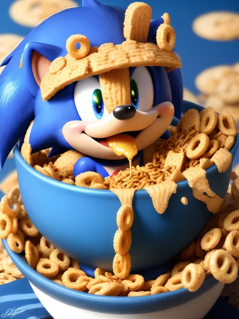 Photorealiatic sonic the hedgehog eating golden honey nut cheerios from a blue bowl