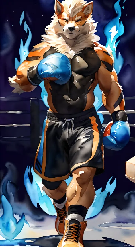 anthro Arcanine, standing towards camera, wearing boxing gloves, (walking towards camera:1.2), 4k, high resolution, best quality, posted on e621, (solo:1.2), anthro body, male, (mane:1.1), adult, masculine, (very muscular, heavyweight:1.2), correct anatomy...