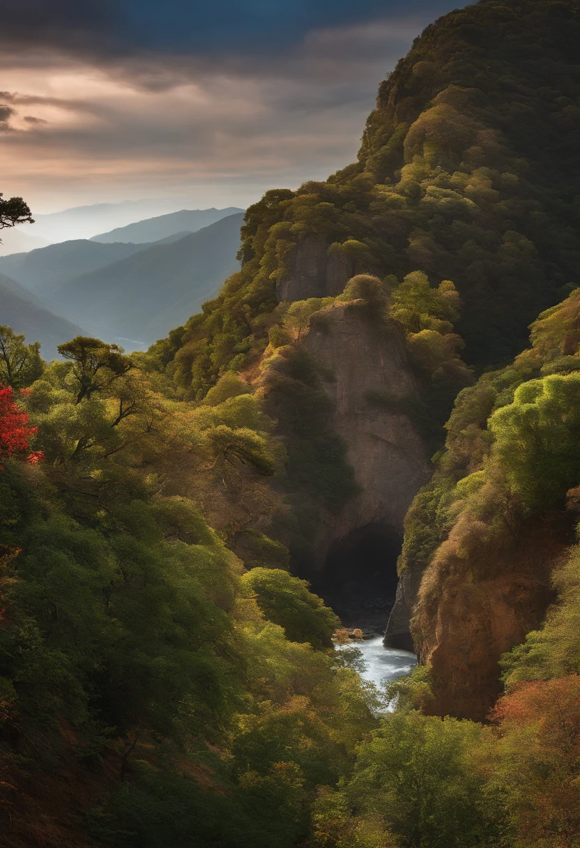 A close up of a river in a canyon with trees - SeaArt AI