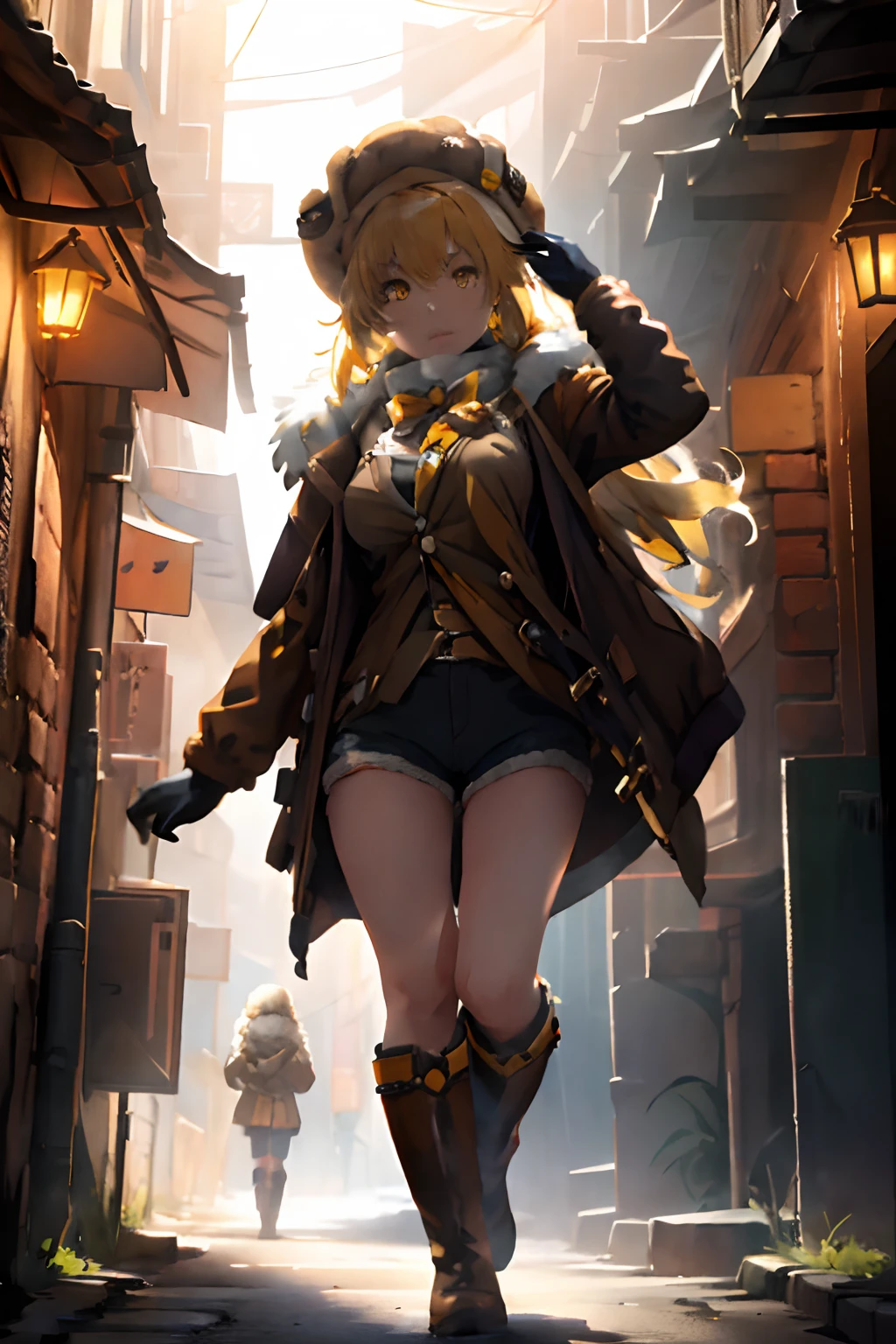 masterpiece, best quality, ((hook)), blonde hair, (yellow hair), gloves, yellow eyes, boots, 1girl, (fur trim), (jacket), bangs, bow, (fur hat), (shorts), looking at viewer, long hair, walking, solo focus, brown gloves, brown footwear, open clothes, long sleeves, full body, bowtie, shirt, (open jacket), (brown shorts), (brown jacket), adult body, athletic body, divine proportions, large breasts, busty, (sexy), long sexy legs, slender waist, angry, tsundere, dark alley, night, cobblestone streets, soft orange lighting, dynamic perspective, night life, (8k), (best quality), (masterpiece: 1.2), (realistic), (photorealistic: 1.37), ultra detailed, one girl, viewer watching, full body, 2.