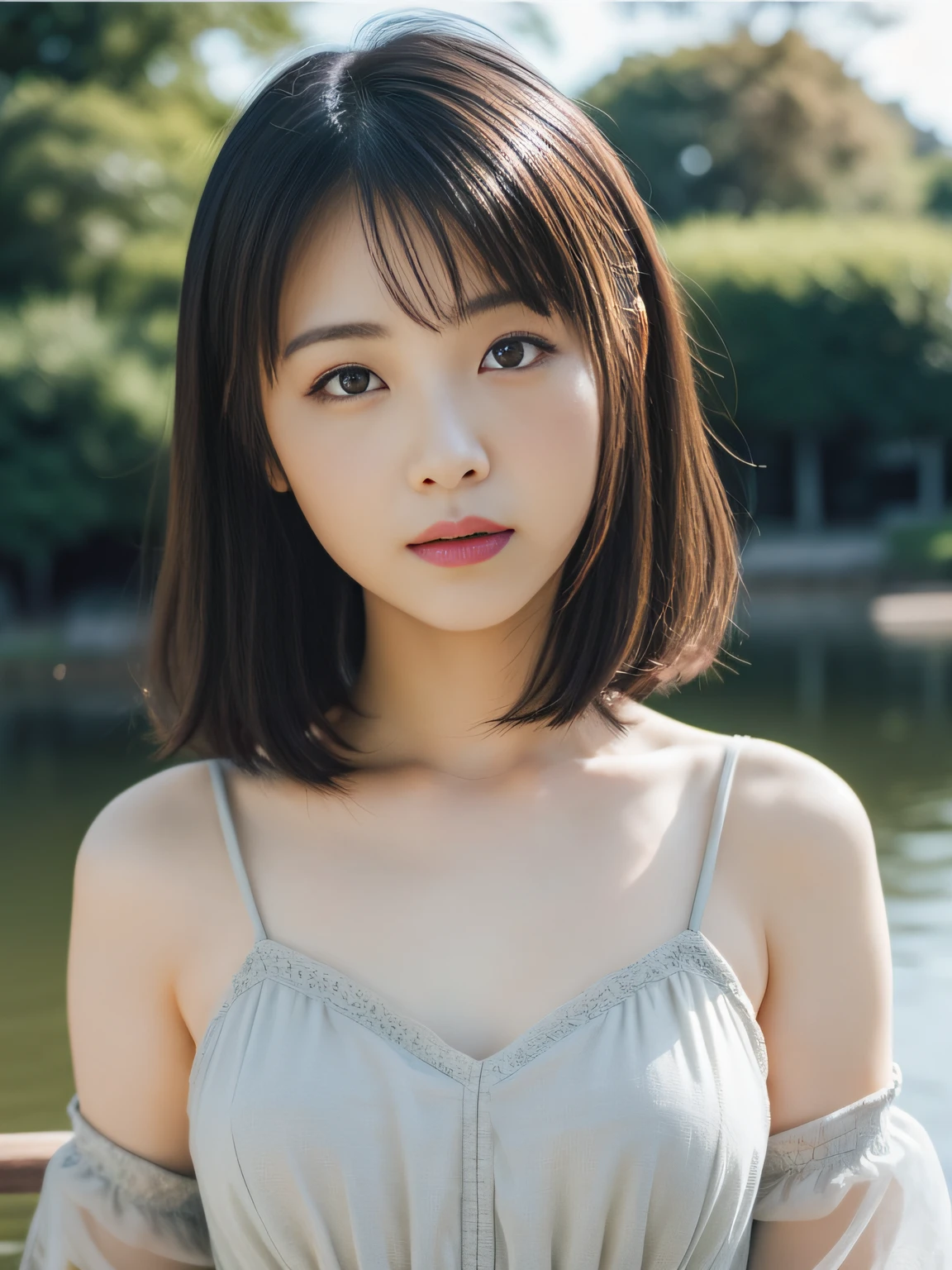 1young girls, Extremely beautiful, (Extremely cute), (extremely detailed beautiful face), Amazing face and eyes, rather dense hair、slightly brighter eyes、no-makeup、(Mini dress with camisole)、(Best Quality:1.4), (Ultra-detailed), extremely detailed CG unified 8k wallpaper, A hyper-realistic, (Photorealsitic:1.4), full body Esbian、Raw photography, professional photograpy, Cinematic lighting, Realistic portrait, ((Bokeh)), (depth of fields:1.3), (View photographer:1.3)、18year old、(Inokashira Park),(Inokashira Pond)、(full body Esbian)、Accurate eyes、Beautiful mouth、(Keep your mouth completely closed)、early evening、look at a camera