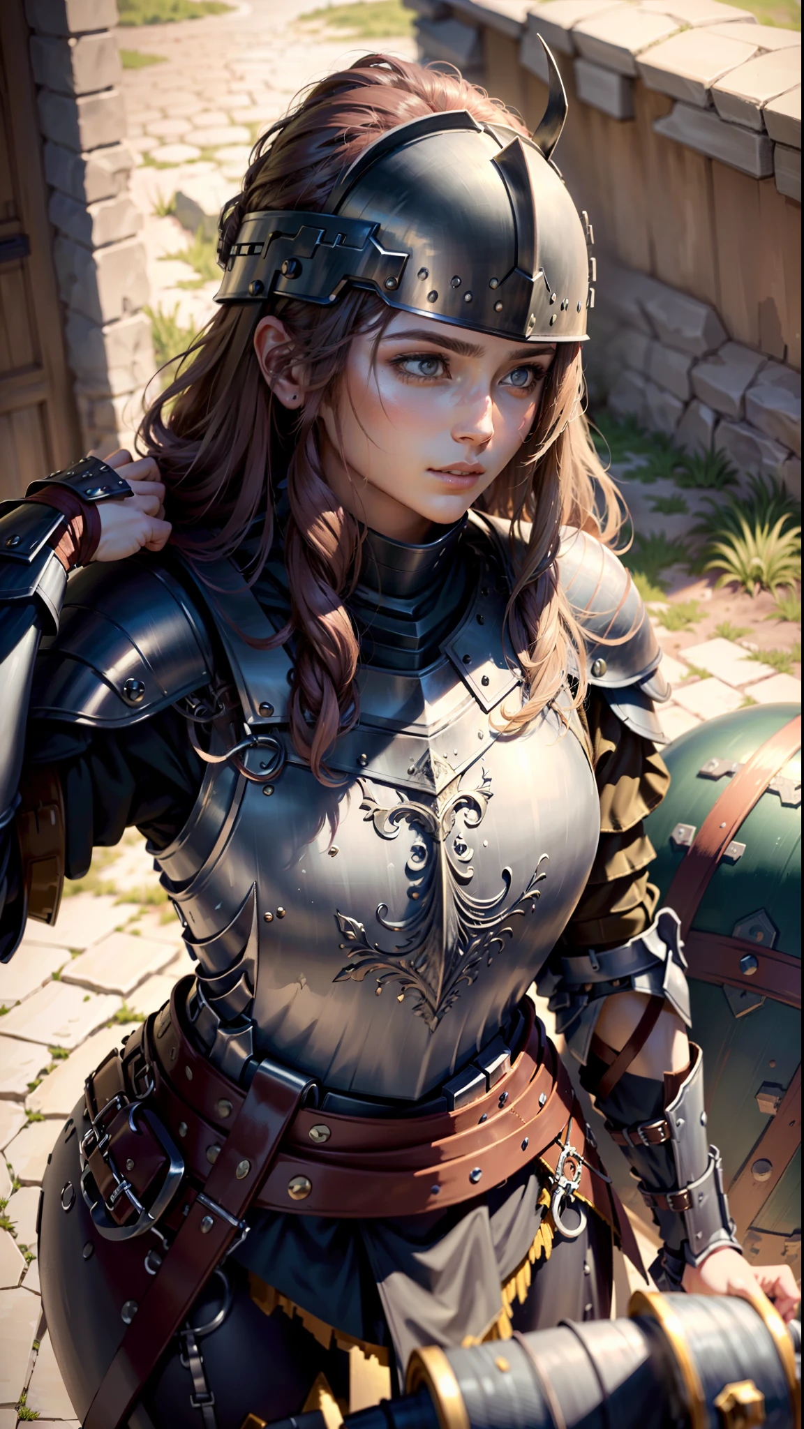 ((melhor qualidade)), ((obra de arte)), (Altamente detalhado:1.3),uma mulher vestindo armadura preta, cabelo longo. segurando um capacete, cena de guerra danificada por armadura