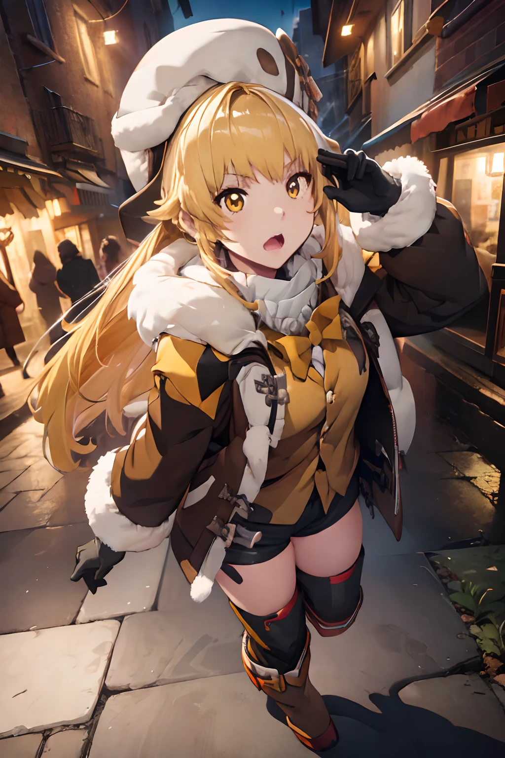 masterpiece, best quality, ((hook)), blonde hair, (yellow hair), gloves, yellow eyes, boots, 1girl, (fur trim), (jacket), bangs, bow, (fur hat), (shorts), looking at viewer, long hair, walking, solo focus, brown gloves, brown footwear, open clothes, long sleeves, full body, bowtie, shirt, (open jacket), (brown shorts), (brown jacket), (adult body), divine proportions, large breasts, busty, (sexy), long sexy legs, angry, tsundere, dark alley, night, (cobblestone streets), soft orange lighting, dynamic perspective, night life, (8k), (best quality), (masterpiece: 1.2), (realistic), (photorealistic: 1.37), ultra detailed, one girl, viewer watching, full body, 28 years old.