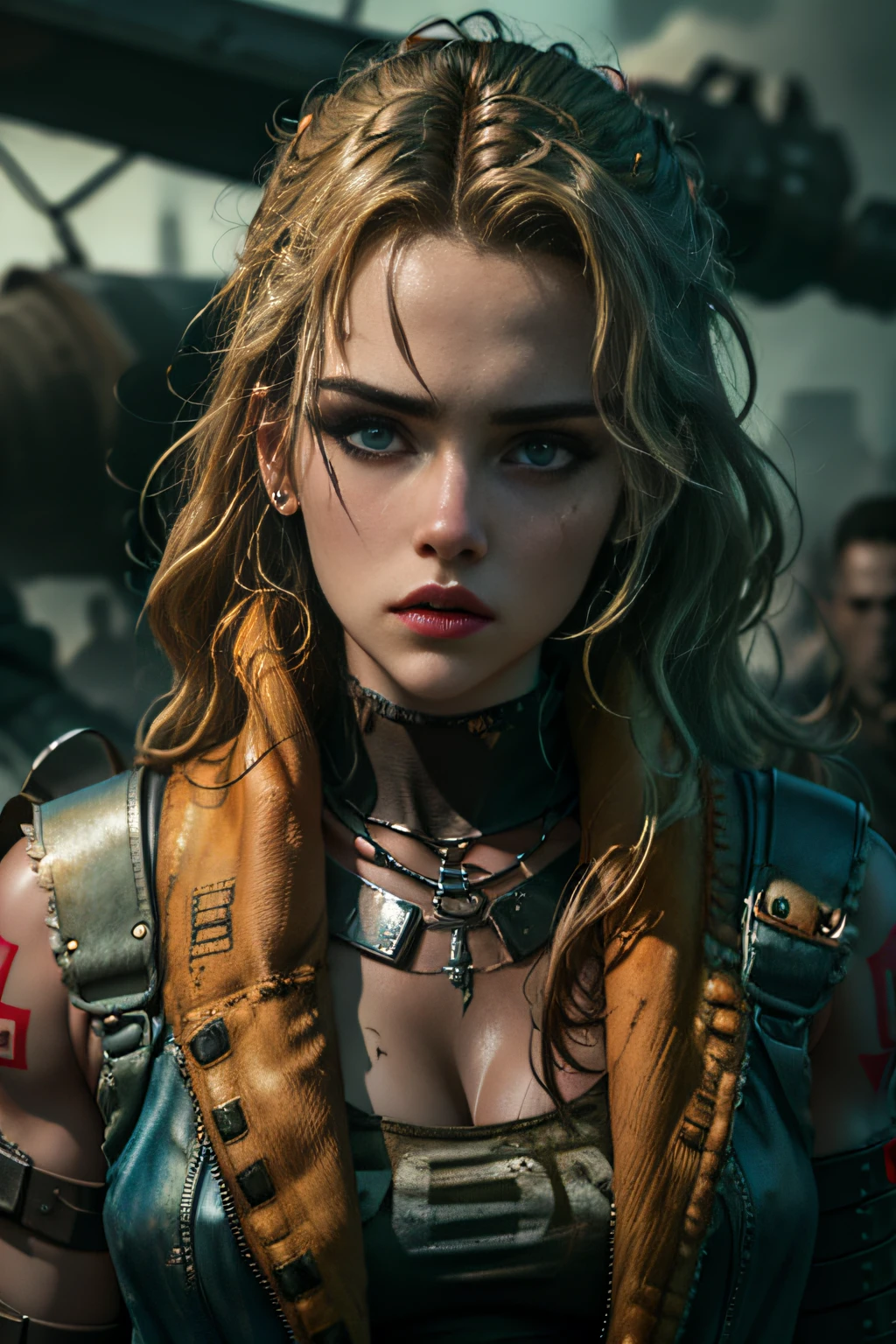 (((tattoo's))), (((european face, ultra-large square jaw line ))), Woman walking with determination, Torn torn torn post-apocalyptic military uniform, combat jacket with ripped holes, combat pants with torn holes, (use of weapons and explosives), ((extravagant breasts)),((Breasts huge)), ((gigante breasts)), heavy and intense makeup, blonde hair and mouth sex abs bodybuilders, Futuristic sci-fi post-apocalyptic world, beautiful female evil creatures, Madmax Movie ,Brutal Violent Dark Cyberpunk Dramatic Background, (((Unreal Cinematic Photorealistic Engine))),