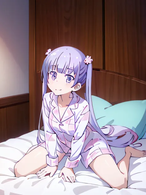 ((masutepiece)), ((Best Quality)), (Ultra-detailed), Anime style, on the bed, Cute little girl s, 1girl in, Solo, Pajamas 00, ((Beautiful eyes)), large full breasts, Smile