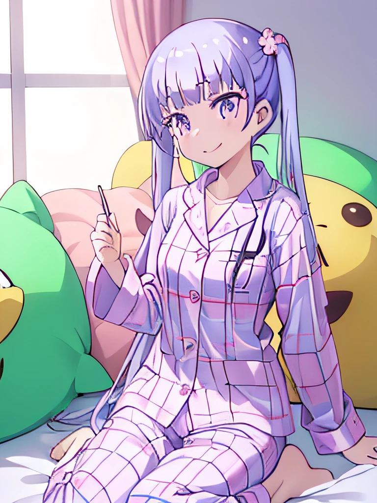 ((masutepiece)), ((Best Quality)), (Ultra-detailed), Anime style, on the bed, Cute  s, 1girl in, Solo, Pajamas 00, ((Beautiful eyes)), large full breasts, Smile