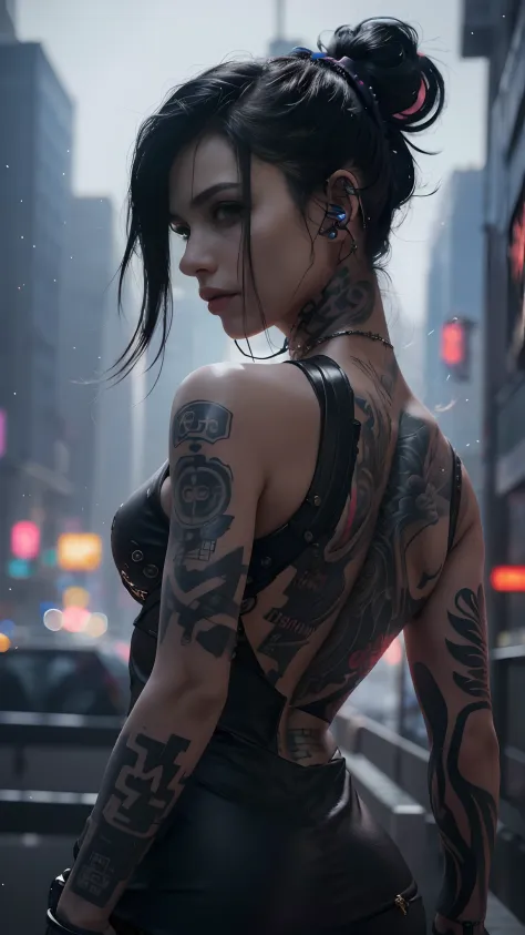 a woman with tattoos on her body and a tattoo on her arm, cyberpunk realistic girl, realistic cyberpunk, female cyberpunk realis...