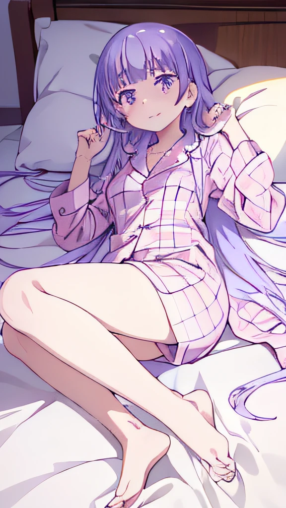 ((masutepiece)), ((Best Quality)), (Ultra-detailed), Anime style, on the bed, Cute  s, 1girl in, Solo, Pajamas 00, ((Beautiful eyes)), large full breasts, Smile