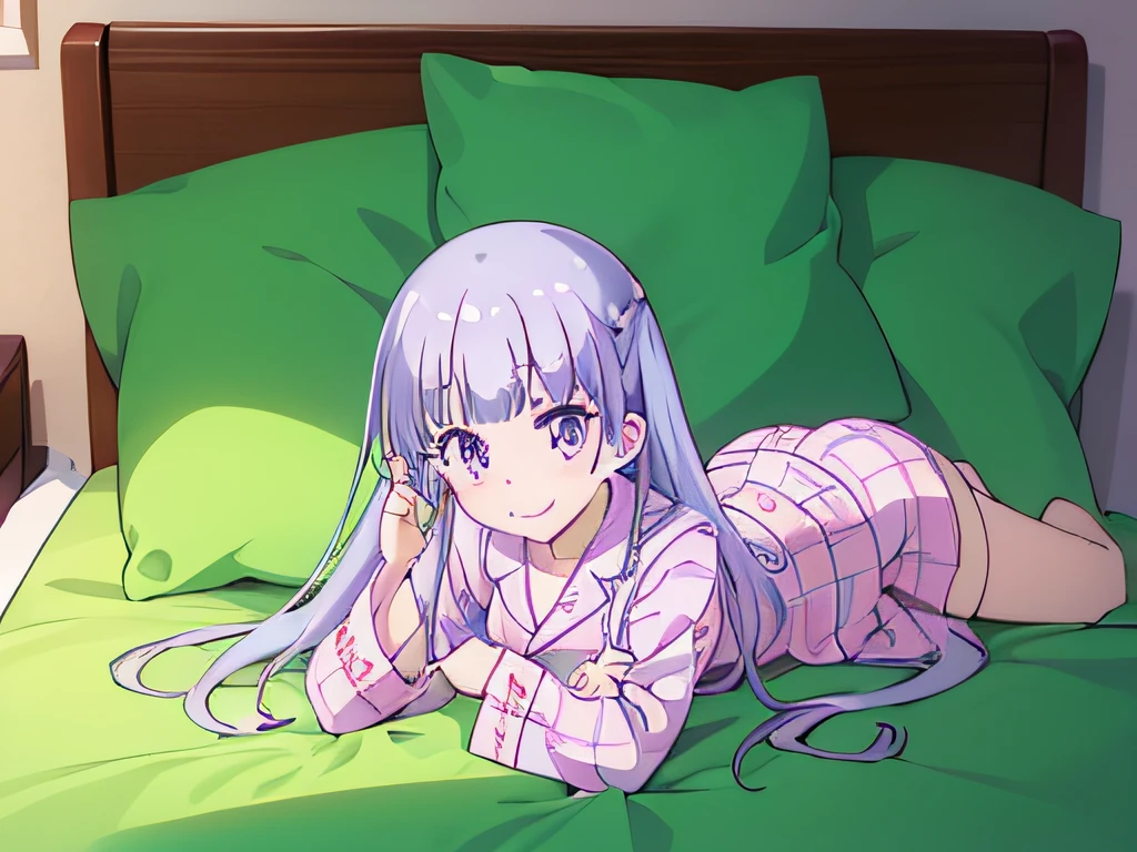 ((masutepiece)), ((Best Quality)), (Ultra-detailed), Anime style, on the bed, Cute  s, 1girl in, Solo, Pajamas 00, ((Beautiful eyes)), large full breasts, Smile