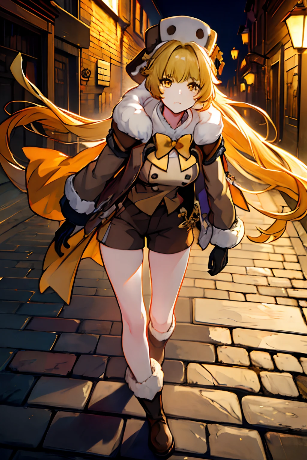 masterpiece, best quality, ((hook)), blonde hair, (yellow hair), gloves, yellow eyes, boots, 1girl, (fur trim), (jacket), bangs, bow, (fur hat), (shorts), looking at viewer, long hair, walking, solo focus, brown gloves, brown footwear, open clothes, long sleeves, full body, bowtie, tight shirt, (open jacket), (brown shorts), (brown jacket), (adult body), divine proportions, accurate proportions, large breasts, (sexy), (long sexy legs), slim build, tall, angry, tsundere, dark alley, night, (cobblestone streets), soft orange lighting, dynamic perspective, night life, (8k), (best quality), (masterpiece: 1.2), (realistic), (photorealistic: 1.37), ultra detailed, one girl, viewer watching, full body, 2.