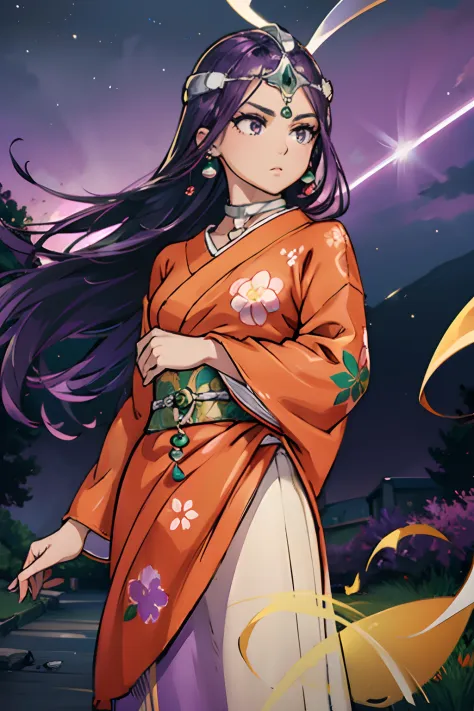 hight resolution、​masterpiece、1girl in、DQ Minnea, Purple hair、circlet, earrings, Choker, Bracelet, Kimono with orange floral pattern、Being in a violent tornado、gust of wind、The Magic of the Wind、Shoot curved blades of light from your hands、Light Green Magi...