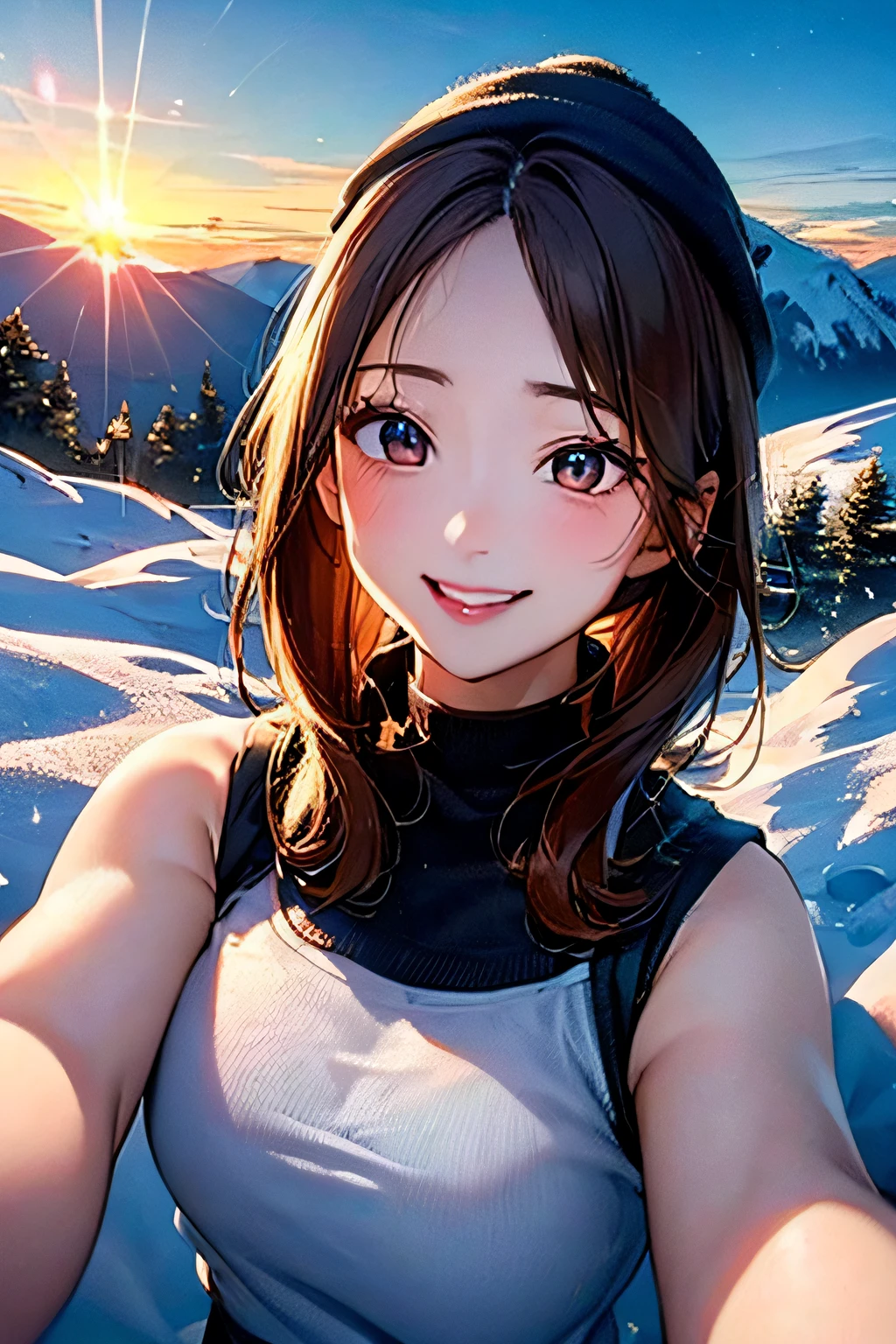 (Upper body selfie:1.3),Winter climbing,With a superb view from the summit in the background,Beautiful sunrise,Remove the beam from above,Backlighting,Generate images of beautiful women around the world,Especially while reflecting elements of Western beauty.Woman with natural smile and attractive expression,Woman with natural smile and attractive expression,Transparent skin,sparkle in eyes,Expresses an elegant atmosphere,,Solo, backpack,knit hat,Sweaters,gloves,Mountain boots,water bottle,Camping stove,kettle,mug,Single-person tent,strong wind blowing,blizzard,Hair fluttering in the storm,(The 8k quality,masutepiece,top-quality,Ultra-high resolution output image,),(Highly detailed raw photos:1.3),(Image Mode Ultra HD),Studio Ghibli style quality,