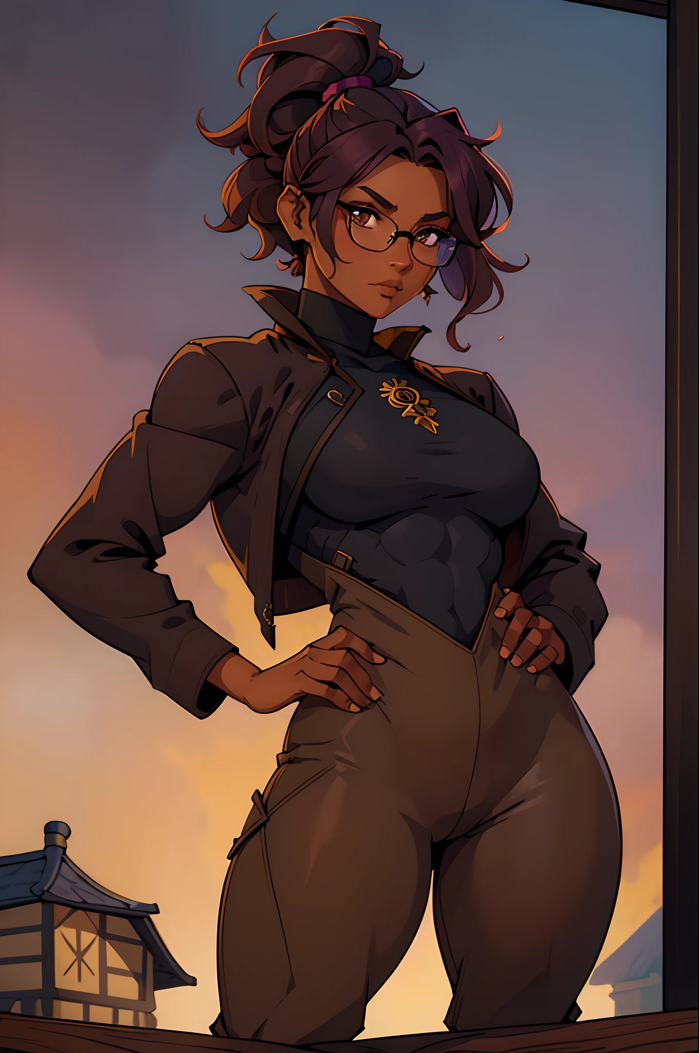 Solo, female, black turtleneck tunic, fantasy outfit, fantasy village, short plum colored hair, wavy hair, messy hair, ((mop top hairstyle)), ((dark tan skin)), glasses, cropped chocolate jacket, athletic, slightmuscle, slightly muscular, baggy pants, plum colored cloak