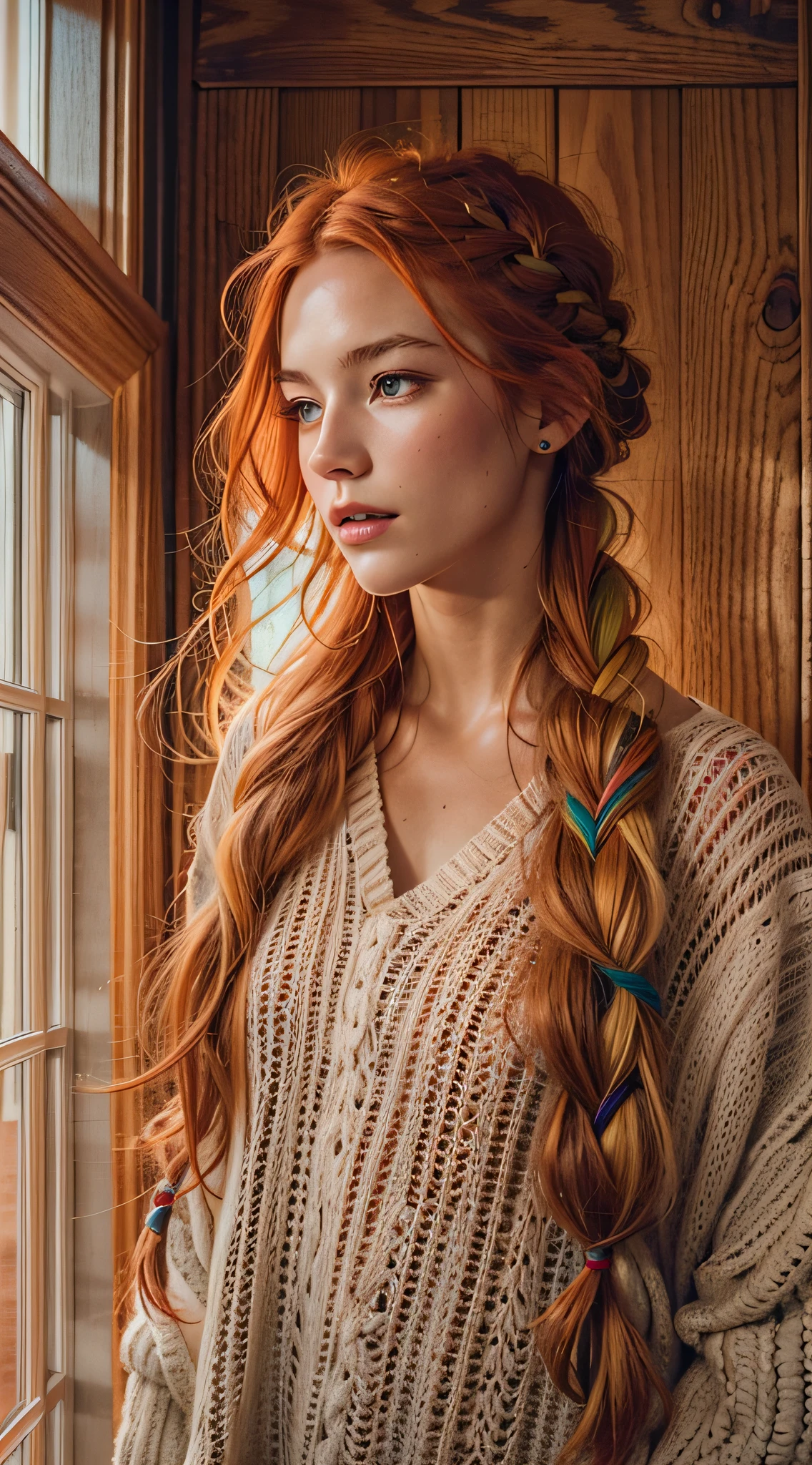 A close up of a woman with long red hair and a sweater - SeaArt AI