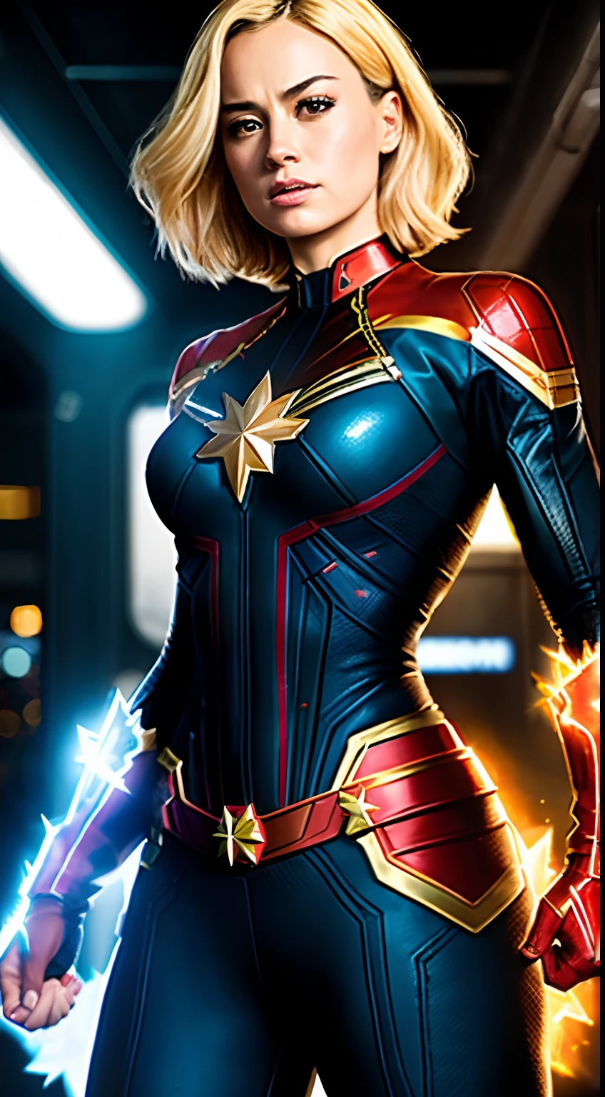 A woman in a captain marvel costume posing for a photo - SeaArt AI