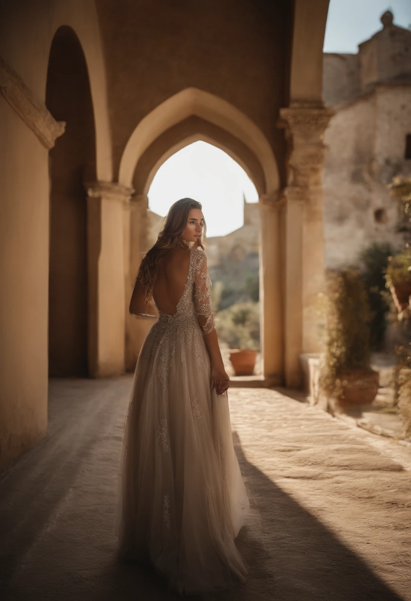 A woman in a wedding dress standing in an archway - SeaArt AI