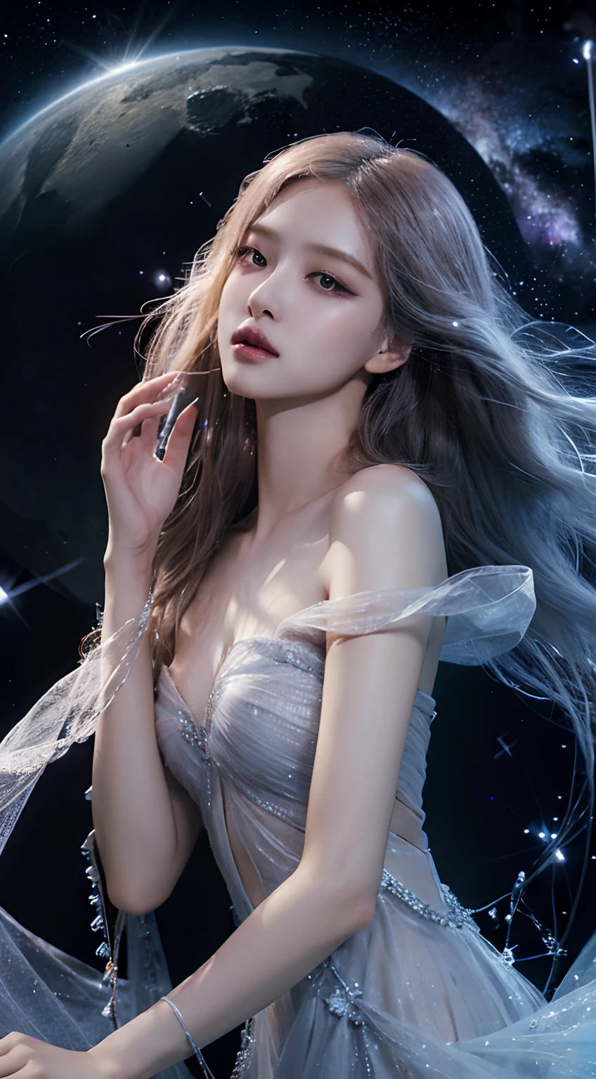 (best quality,4k,8k,highres,masterpiece:1.2),ultra-detailed,realistic:1.37,girl,beautiful dress,galaxy background,sparkling stars,ethereal atmosphere,vibrant colors,elegance,mystical,celestial,moonlight,reflection,flowing fabric,graceful pose,gentle expression,cosmic energy,distant galaxies,dazzling beauty,serene,stellar glow,celestial emissary,alluring,hovering,stellar dust,enchanted garden,starlit night,sheer elegance,astral silhouette,seamless blend,gossamer veil,interstellar journey,effortless beauty,luminous radiance,floating petals,celestial goddess,dreamlike grace,fashion statement,cosmic enchantress,long flowing hair