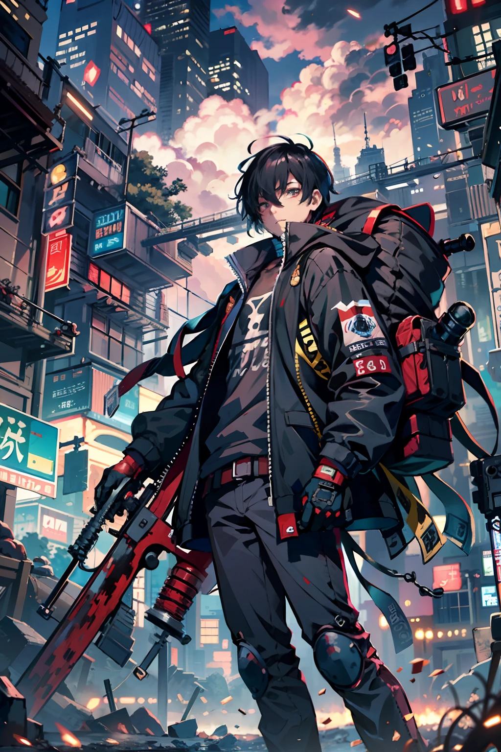 1boy,a 13 yo boy、Cyberpunk Boy、Black attire、katanas,machine gun、Spiky hairstyle、Whole body bloody、The beginning of the adventure、Lots of clouds,heavy fog、Chaotic city of the future、ruined and devastated city、dystopian、A very complex group of buildings stands in the center、Highly complex Chinese buildings、Pretty dim lighting、Dark road、puddles、Chaotic landscape、Beautiful and fantastic scenery、Cinematic scenery、hightquality、masutepiece,8K、hight resolution、ultra-detailliert,